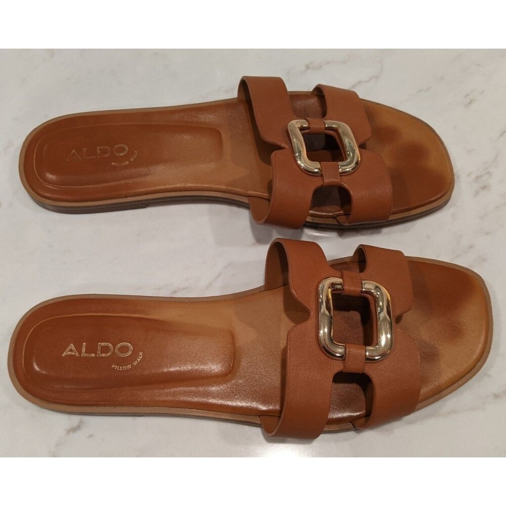 Wmn's ALDO Flex Pillow Walk "Nydaokin Cognac Brown Leather Sandals Gold Buckle 7